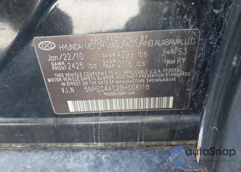 2011 Hyundai Sonata Se из США, поврежденный, VIN 5NPEC4AC2BH008118